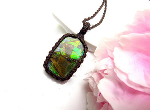 Ammolite macrame necklace, canadian ammolite, gemstone necklace, macrame jewelry, gift ideas for the rock collector, fossil necklace