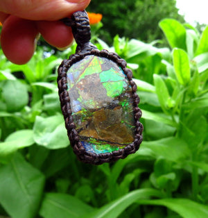 Ammolite macrame necklace, canadian ammolite, gemstone necklace, macrame jewelry, gift ideas for the rock collector, fossil necklace