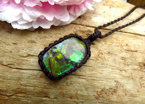 Ammolite macrame necklace, canadian ammolite, gemstone necklace, macrame jewelry, gift ideas for the rock collector, fossil necklace