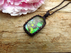 Ammolite macrame necklace, canadian ammolite, gemstone necklace, macrame jewelry, gift ideas for the rock collector, fossil necklace