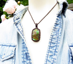 Ammolite macrame necklace, canadian ammolite, gemstone necklace, macrame jewelry, gift ideas for the rock collector, fossil necklace