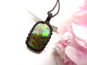 Ammolite macrame necklace, canadian ammolite, gemstone necklace, macrame jewelry, gift ideas for the rock collector, fossil necklace