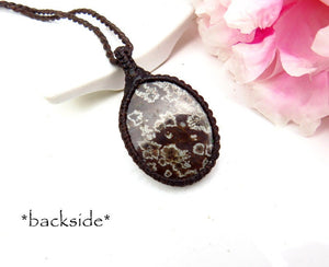 Snowflake Obsidian macrame necklace, snowflake jasper, gemstone jewelry, gifts for her, gifts for the rock collector, boho beauty