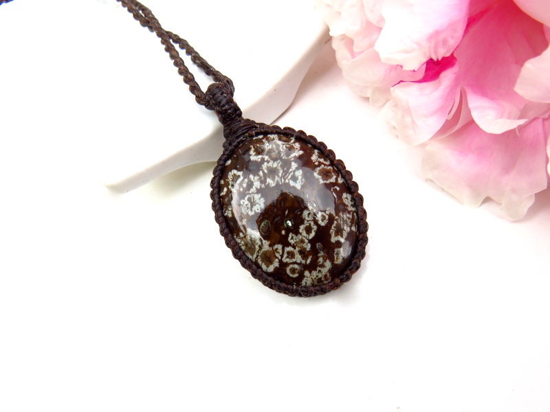 Snowflake Obsidian macrame necklace, snowflake jasper