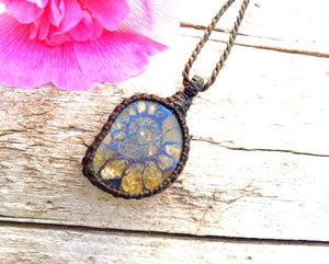 Ammonite macrame necklace, ammonite hematite necklace, ammonite pendant, ammonite jewelry, fossil necklace, ammolite, macrame jewelry