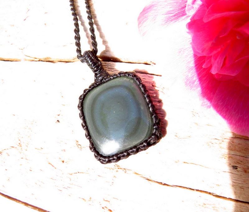 Rainbow Obsidian macrame necklace, obsidian jewelry, black obsidian gemstone, gift ideas for the crystal lover, for the zen seeker,