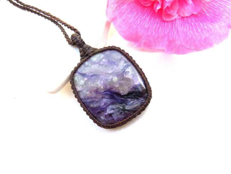 Purple Charoite macrame necklace, gift ideas, for her, for the boho beauty, the crystal collector, macrame jewelry, gemstone necklace