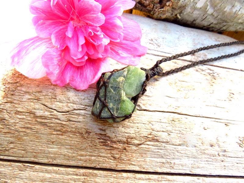 Peridot crystal necklace, macrame necklace