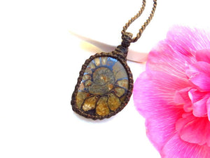 Ammonite macrame necklace, ammonite hematite necklace, ammonite pendant, ammonite jewelry, fossil necklace, ammolite, macrame jewelry