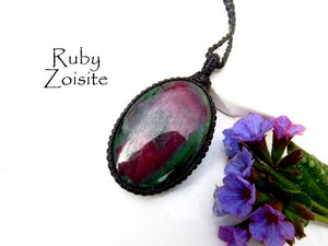 Ruby Zoisite Necklace / Womens Jewelry / Healing stone pendant / Macrame jewelry / Healing stones and crystals / Healing gemstone necklace