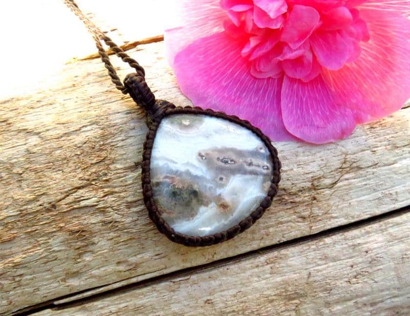 Ocean Jasper gemstone macrame necklace, healing gemstone jewelry, charkra jewelry, gift ideas for the ocean lover, the coastal grandma