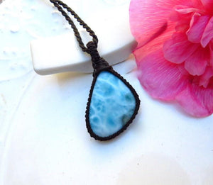 Blue Larimar Necklace, larimar gemstone, gemstone necklace, macrame necklace, gift ideas for the boho beauty, the coastal grandma, for her