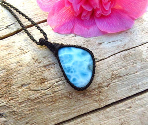 Blue Larimar Necklace, larimar gemstone, gemstone necklace, macrame necklace, gift ideas for the boho beauty, the coastal grandma, for her