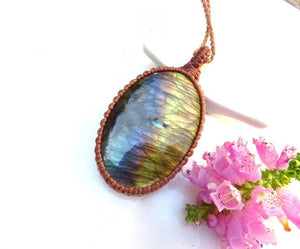 Rainbow Labradorite necklace, macrame necklace, purple gemstone, macrame jewelry, metaphysical crystal jewelry,