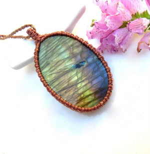 Rainbow Labradorite necklace, macrame necklace, purple gemstone, macrame jewelry, metaphysical crystal jewelry,