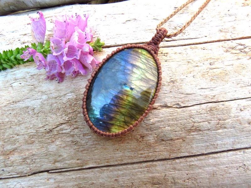 Rainbow Labradorite necklace, macrame necklace, purple gemstone, macrame jewelry, metaphysical crystal jewelry,