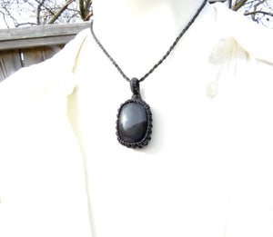 Rainbow Obsidian macrame necklace, obsidian jewelry, black obsidian gemstone, gift ideas for the crystal lover, for the zen seeker,