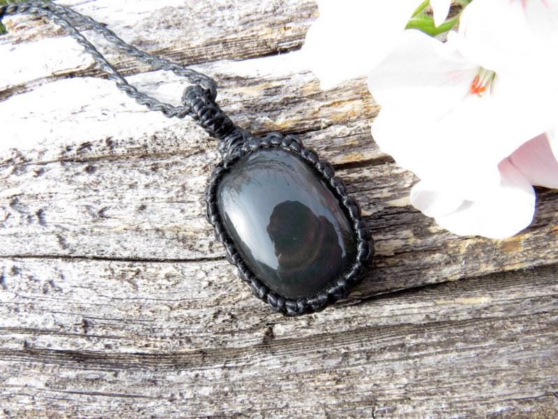 Rainbow Obsidian macrame necklace, obsidian jewelry, black obsidian gemstone, gift ideas for the crystal lover, for the zen seeker,