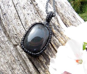 Rainbow Obsidian macrame necklace, obsidian jewelry, black obsidian gemstone, gift ideas for the crystal lover, for the zen seeker,