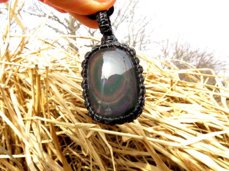 Rainbow Obsidian macrame necklace, obsidian jewelry, black obsidian gemstone, gift ideas for the crystal lover, for the zen seeker,