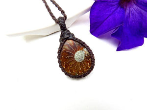 Ammonite macrame necklace, ammonite jewelry, ammonite pendant, gemstone jewelry, crystal jewelry, macrame jewelry, gift for him, boyfriend