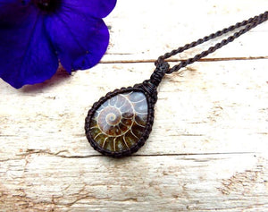 Ammonite macrame necklace, ammonite jewelry, ammonite pendant, gemstone jewelry, crystal jewelry, macrame jewelry, gift for him, boyfriend