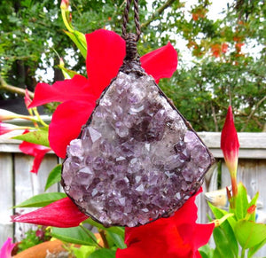 Amethyst crystal macrame necklace, amethyst druzy, amethyst crystal cluster, gift ideas for her, for the crystal collector, purple lover