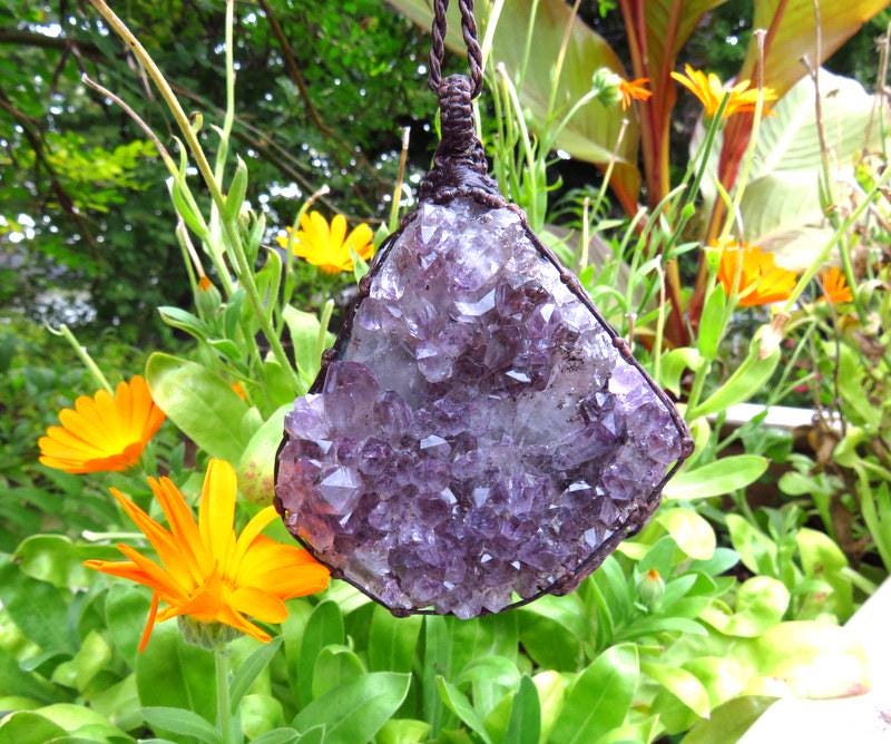 Amethyst crystal macrame necklace, amethyst druzy