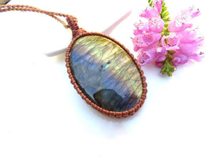 Rainbow Labradorite necklace, macrame necklace, purple gemstone, macrame jewelry, metaphysical crystal jewelry,