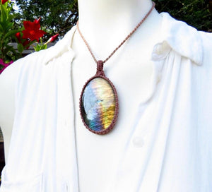 Rainbow Labradorite necklace, macrame necklace, purple gemstone, macrame jewelry, metaphysical crystal jewelry,