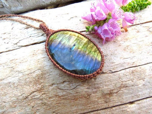 Rainbow Labradorite necklace, macrame necklace, purple gemstone, macrame jewelry, metaphysical crystal jewelry,