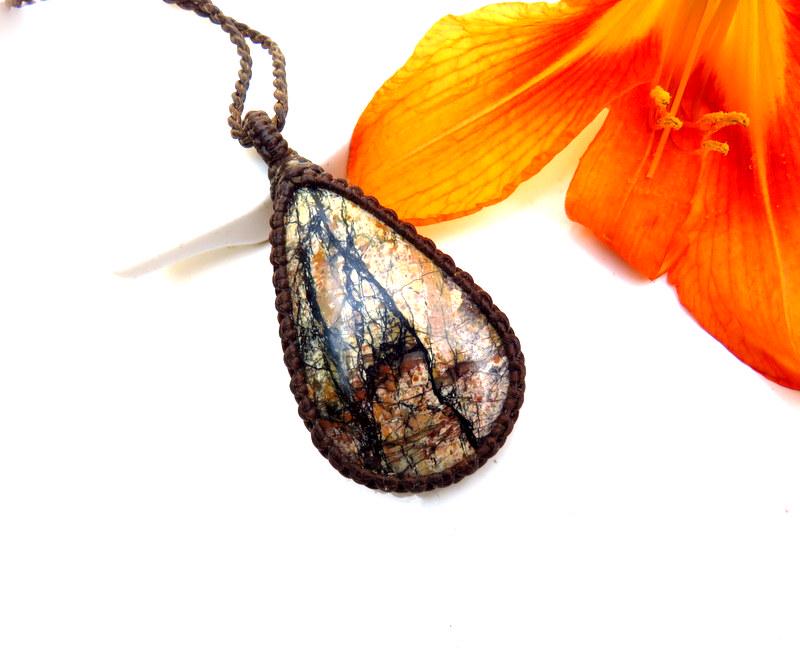 Jasper macrame necklace, chinese painting jasper