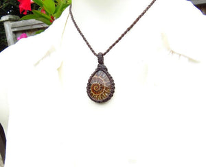 Ammonite macrame necklace, ammonite jewelry, ammonite pendant, gemstone jewelry, crystal jewelry, macrame jewelry, gift for him, boyfriend