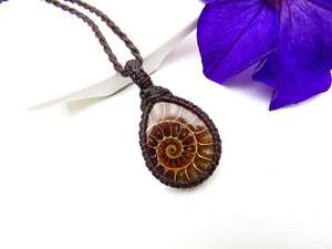 Ammonite macrame necklace, ammonite jewelry, ammonite pendant, gemstone jewelry, crystal jewelry, macrame jewelry, gift for him, boyfriend