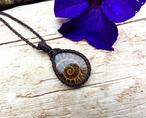 Ammonite macrame necklace, ammonite jewelry, ammonite pendant, gemstone jewelry, crystal jewelry, macrame jewelry, gift for him, boyfriend