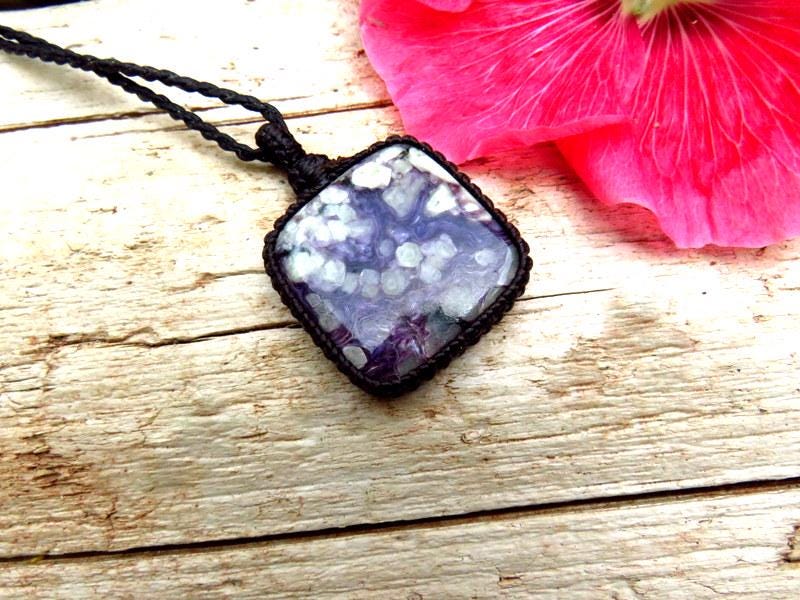 Charoite Macrame Necklace: Siberian Healing Stone Jewelry
