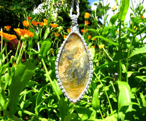 Rare Graveyard Plume Agate gemstone necklace, macrame necklace, gift ideas for the rock collector, the boho beauty, rare gemstone jewelry