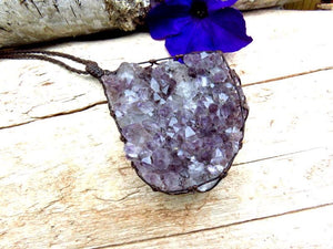 Amethyst crystal macrame necklace, amethyst druzy, amethyst crystal cluster, gift ideas for her, for the crystal collector, purple lover