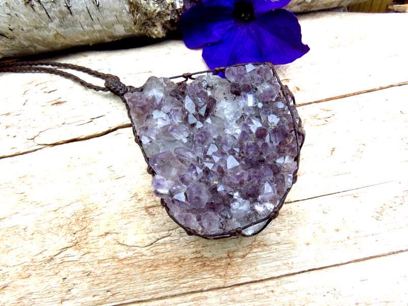 Amethyst crystal macrame necklace, amethyst druzy