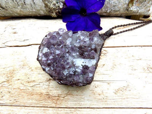 Amethyst crystal macrame necklace, amethyst druzy, amethyst crystal cluster, gift ideas for her, for the crystal collector, purple lover