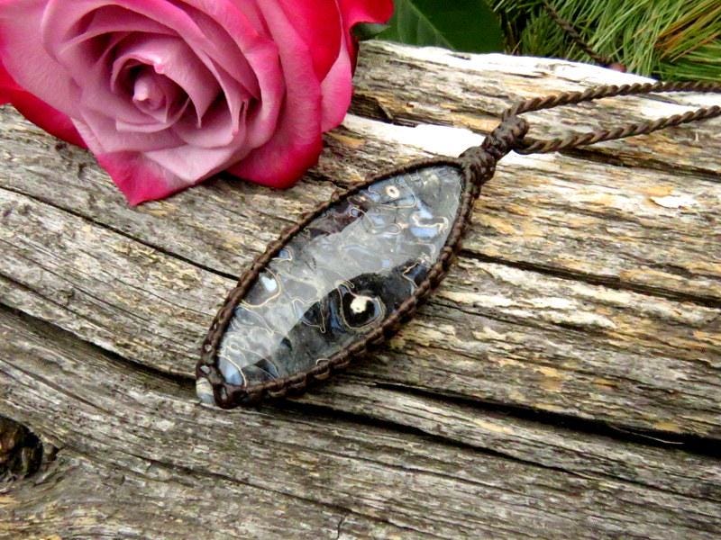 Petrified Palmwood macrame necklace, gift ideas for him
