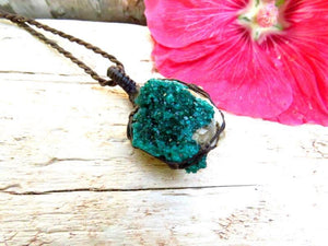 Dioptase crystal necklace, christmas gift for her, gifts ideas for the rock collector, crystal collector, macrame necklace, crystal necklace