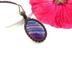 Rainbow Flourite macrame necklace, purple flourite necklace, gift ideas for the mom, the yogi, the crystal collector, gemstone necklace