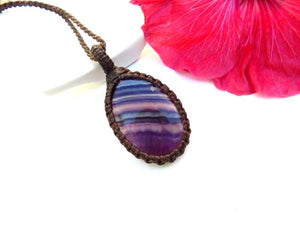 Rainbow Flourite macrame necklace, purple flourite necklace, gift ideas for the mom, the yogi, the crystal collector, gemstone necklace