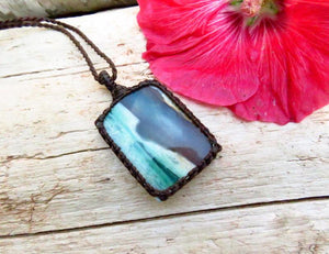 Rare Opalized Petrified Wood Gemstone necklace, macrame gemstone necklace, macrame jewelry, native copper, blue opal, mininalmist necklace