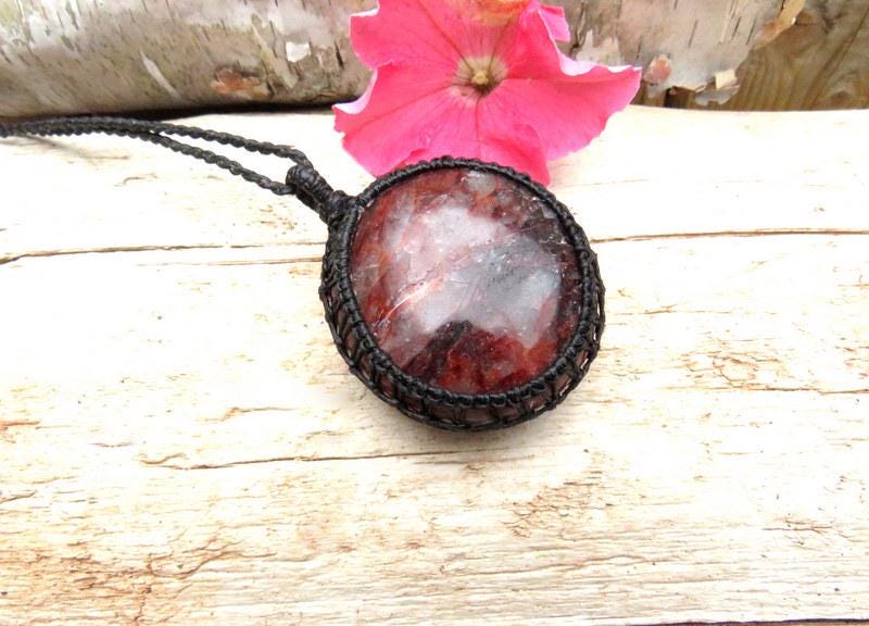 Earthy Bohemian Red Hematoid Quartz necklace, handmade red quartz pendant necklace, natural stone macrame necklace, spiritual red quartz