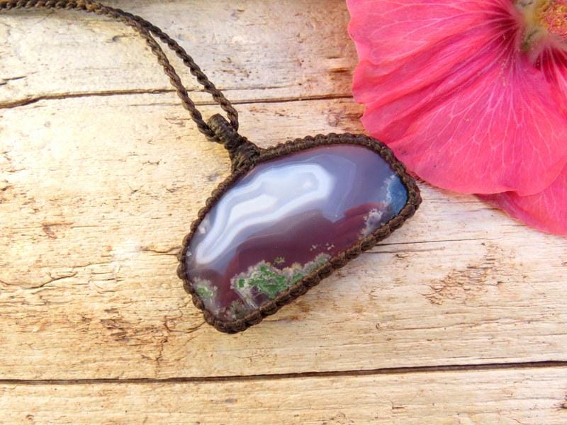Purple Plume Agate gemstone necklace, macrame necklace