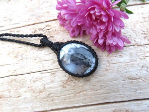 Dainty Merlinite Shaman gemstone necklace, macrame necklace, dendrite opal, statement necklace, christmas gift ideas, dendritic agate