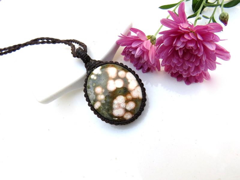 Ocean Jasper gemstone necklace, jasper macrame necklace, cool gemstone jewelry, gift ideas for the surfer, for the beach lover