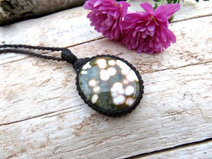 Ocean Jasper gemstone necklace, jasper macrame necklace, cool gemstone jewelry, gift ideas for the surfer, for the beach lover